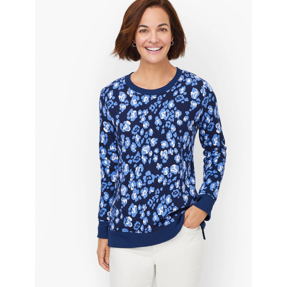 Talbots Blue Printed Pullover Crew Sweatshirt Womens S Cotton Blend Long Sleeve